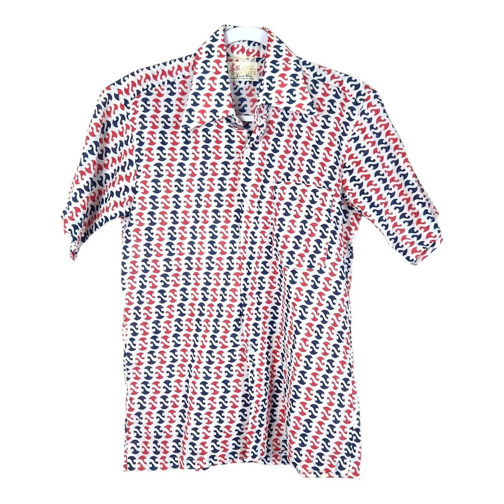 Vintage Dagger Collar Button Front Shirt M/L Short Sleeve Chinese Geometric Slim